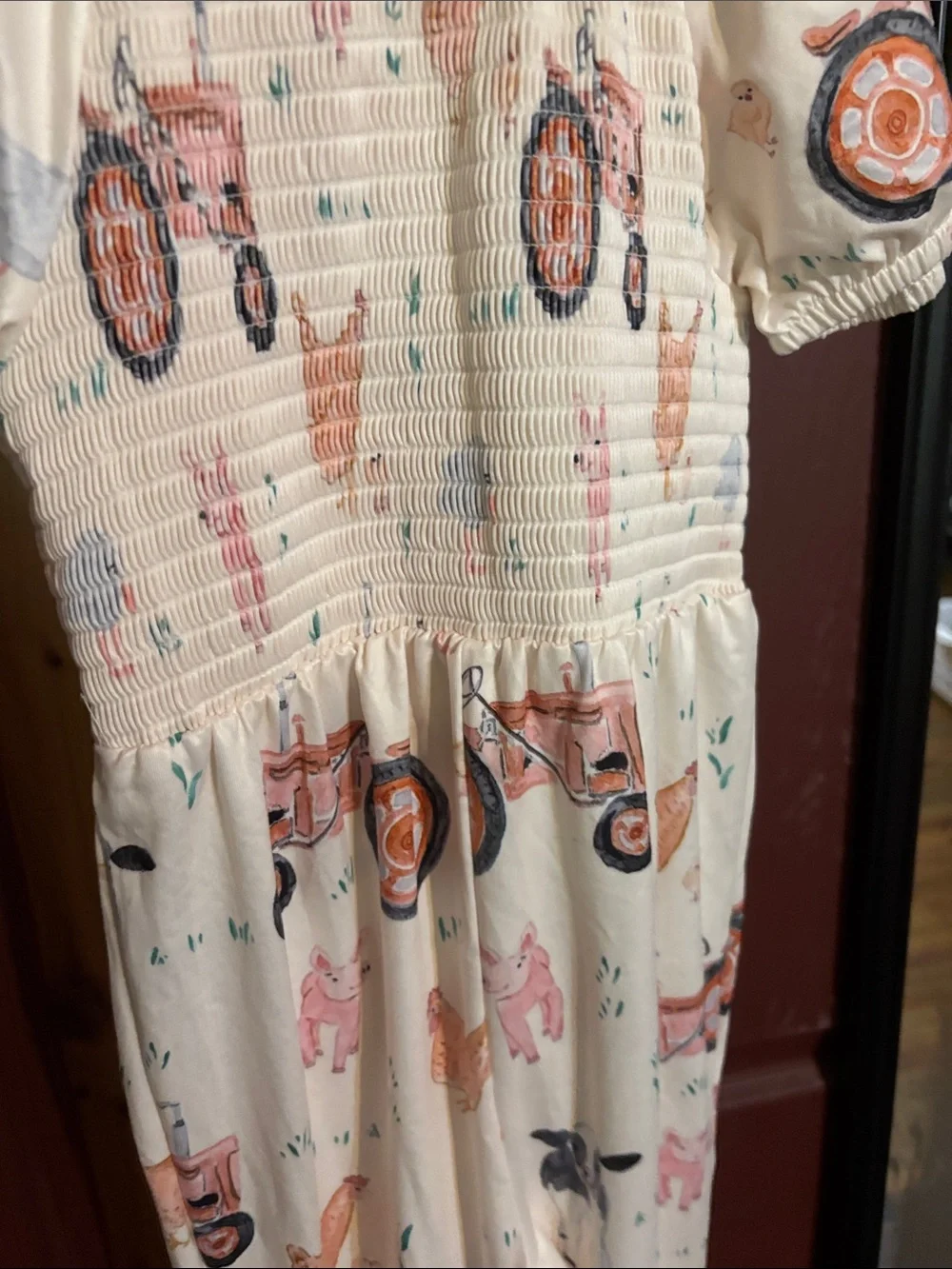 Girls' Cream Tractor & Farm Animal Smocked Dress